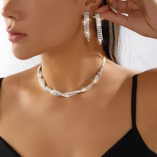 Luxury Rhinestone Twisted Tassel Necklace & Earrings Set, Silver White Electroplated Zircon Long Dangle Earrings, French Vintage Party Jewelry Two-Piece Set