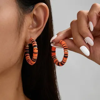 Halloween Orange Black Hoop Earrings - Alloy Wire-Wrapped Boho Geometric Hoops, 4cm, Pair