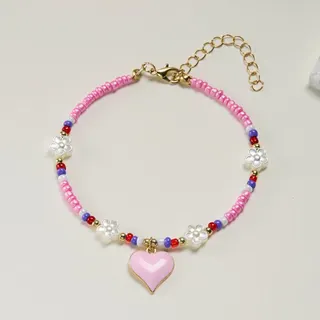 Sweet Heart Flower Beaded Necklace - Macaron Blue Seed Bead Choker with Gold Clasp & Adjustable Chain, Cute Girl Jewelry Gift