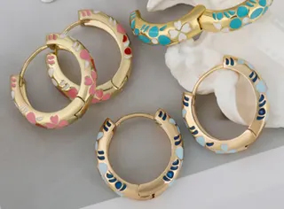 French Vintage Enamel Clover C-Shape Hoop Earrings, 18K Gold Plated Copper, Macaron Color Hand-Painted, Hypoallergenic Pair
