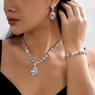 Luxury Rhinestone Teardrop Jewelry Set - White Gold AB Color Necklace Bracelet Earrings 3-Piece Set for Wedding Party, Copper Base Micro-Paved Imitation Diamond