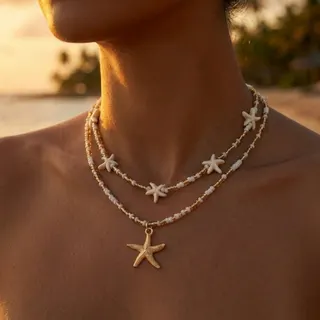 Summer Sea Star Beaded Necklace Set, 2-Piece Layered Gold Plated Alloy Choker with Resin Starfish Pendant, Boho Beach Jewelry for Women