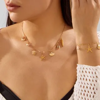 Ocean Vacation Shell & Starfish Pearl Necklace Bracelet Set, Gold-Plated Alloy Adjustable Choker, Beach Summer Jewelry Gift for Women