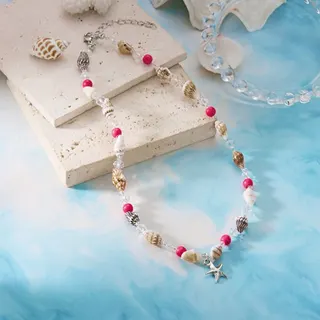 Ocean Boho Beaded Necklace - Natural Seashell & Crystal Beads with Blue Beads and Silver Starfish Charm, Adjustable 40+5cm Summer Beach Jewelry for Women