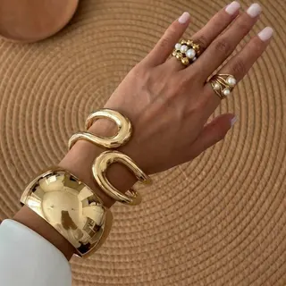 Vintage Statement Wide Cuff Bracelet & Ring Set, 18K Gold Plated Alloy with Pearl & Mother of Pearl, Boho Layering Jewelry