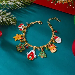 Christmas Tree Candy Airplane Multi-Charm Bracelet for Women, 18K Gold Plated Alloy with Enamel Beads, Adjustable 20+5cm, Festive Holiday Gift Jewelry