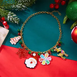 Christmas Snowflake Necklace, Alloy 18K Gold Plated with Acrylic Snowflake, Christmas Tree Gingerbread Gift Charm Multi-Pendant Necklace, 40+5cm Adjustable, Holiday Party Gift Jewelry