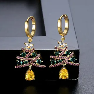 Christmas Tree Zircon Earrings for Women, 18K Gold Plated Alloy, Multi-Color Micro-Paved Crystal Drop Dangle Earrings, Festive Holiday Gift Jewelry