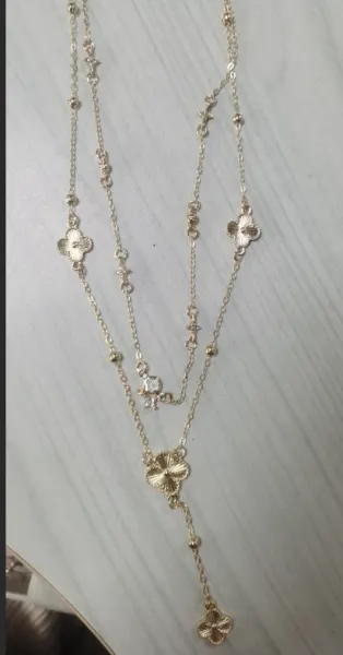Lucky Clover Necklace Set, French Vintage Gold Long Chain, Eco-Alloy 18K Gold Plated Openwork Pendant, Double Layer Layered Choker 45+5cm, Gift for Her
