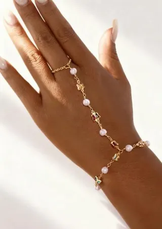 Bohemian Finger Chain Bracelet, Imitation Pearl & Alloy 18K Gold Plated, Color Zircon Beaded Hand Chain, Fairy Chic Ring Bracelet Set for Women