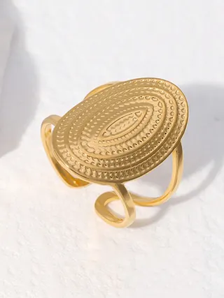 Vintage Boho Oval Open Ring, 18K Gold Plated Stainless Steel, Adjustable Wide Statement Ring with Embossed Texture, Hypoallergenic Stackable Ring for Women
