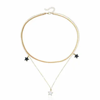 Double Layer Star Pendant Necklace Women 18K Gold Plated Alloy Choker Chain with Black & White Mother of Pearl Star Beads 42cm+51cm