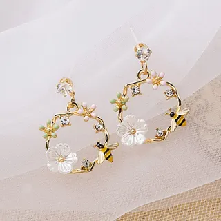 French Vintage Bee & Flower Hoop Earrings, 925 Silver Post, Enamel Rhinestone Sweet Garden Dangle Earrings, Gold, Pair, 2.7cm
