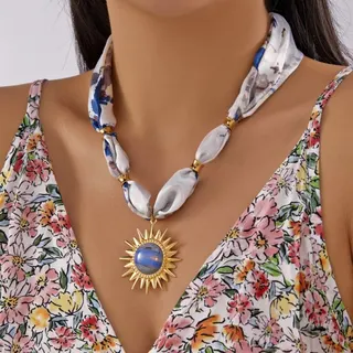 French Vintage Silk Scarf Necklace, 18K Gold Plated Stainless Steel Sunburst Pendant with Blue Stone, Adjustable Wrap Choker for Women, Summer Vacation Jewelry