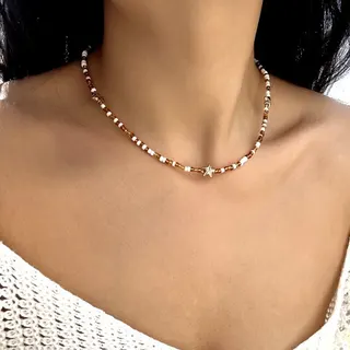 Starfish Beaded Choker Necklace - Vintage Boho Red & White Seed Bead Chain with Alloy Star Pendant, Adjustable 40+5cm Clavicle Chain for Women