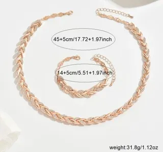 Rose Gold Fish-Tail Braided Necklace & Bracelet Set, Alloy Micro-Paved Crystal Adjustable Choker Chain, Elegant French Vintage Jewelry Gift for Women