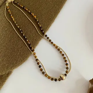 Korean Maillard Tiger Eye Double Layer Necklace, Natural Stone Beaded Choker with 18K Gold Plated Alloy, 40+5cm Adjustable, Autumn Winter Vintage Layered Jewelry for Women