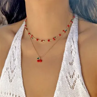 Cherry Crystal Anklet Set of 2, 18K Gold Plated Alloy, Sweet Vintage Beaded Ankle Chain with Cherry Charm, Beach Vacation Foot Jewelry 20+5cm