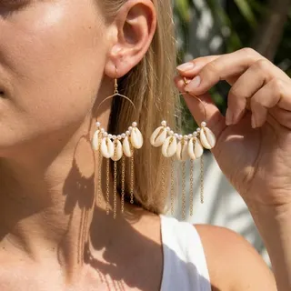 Boho Cowrie Shell Tassel Earrings, Gold-Plated Alloy with Pearl Beads, Long Dangle Beach Vacation Earrings for Women, Lightweight Face-Slimming Statement Jewelry