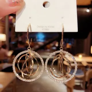 Geometric 3-Layer Circle Crystal Drop Earrings, Gold Rhinestone Hoop Earrings with 925 Silver Post, Hypoallergenic Fashion Jewelry for Women