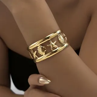 Stainless Steel Ocean Bangle Bracelet for Women - 18K Gold Plated Wide Cuff with Starfish & Shell Relief, Hypoallergenic Tarnish-Free Luxury Beach Jewelry