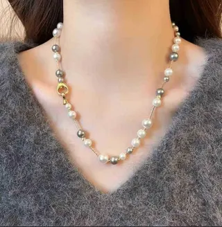 Luxury Imitation Pearl Necklace for Women - Silver Candy Color Beaded Chain with Gold Ring Charm, 50cm Versatile Daily & Office Jewelry