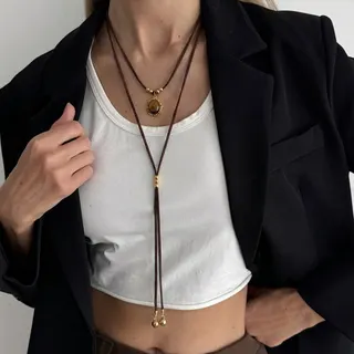 Vintage Boho Tiger Eye Pendant Necklace Brown Leather Cord Tassel Gold Plated Women Adjustable