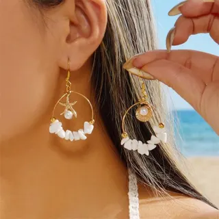 Seashell Starfish Earrings - Pastel Crushed Stone Arc Hoop Earrings, 18K Gold Plated Alloy, Boho Beach Vacation Jewelry for Women