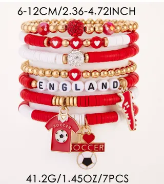 World Cup Soccer Theme ENGLAND Letter Beaded Bracelet Set, 7-Piece Soft Clay & CCB with 18K Gold-Plated Beads, Rhinestone & Soccer Jersey Charm, Red White Gold, Adjustable 6-12cm, Fan Gift