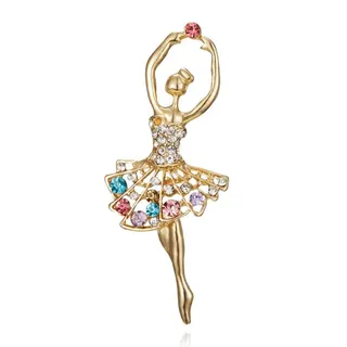 Ballerina Dance Girl Brooch, Gold-Plated Alloy with Multicolor Rhinestones, Openwork Tutu Design, Elegant Fashion Pin for Blazer Suit, Gift for Women