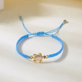 White Braided Rope Bracelet with Rhinestone Turtle Charm, Adjustable 16-28cm, 18K Gold Plated Alloy & Zircon, Sweet Vacation Style Gift for Women Girls