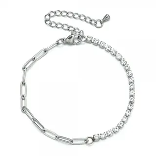 Stainless Steel Rhinestone Link Bracelet for Women, 3mm Pave Crystal Paperclip Chain, Hypoallergenic Tarnish-Free, Adjustable 17+5cm, Minimalist Luxury Stackable Wristband
