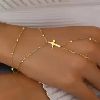 Minimalist Double Layer Cross Bracelet for Women, Gold Plated Alloy with Crystal Beads, Adjustable 17+5cm, Elegant Religious Fine Jewelry