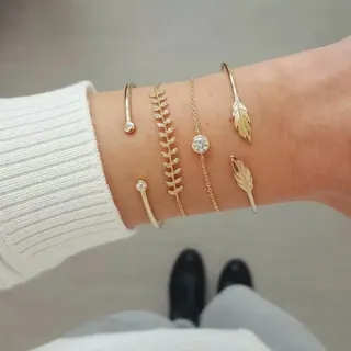 18K Gold Plated Feather & Wheat Diamond Bracelet Set for Women, Adjustable Open Cuff Bangle Stack, 4-Piece Alloy Cubic Zirconia Jewelry Gift