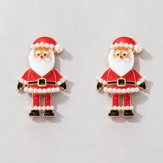 Christmas Santa Claus Earrings, Enamel & Pearl Cartoon Holiday Earrings, 18K Gold Plated Alloy, Cute Festive Jewelry Gift, 3.5x2.1cm, Pair