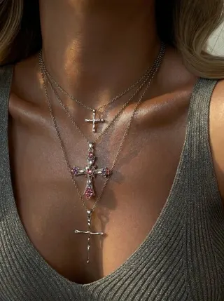 Gothic Cross Pendant Layered Necklace Set 3pcs - White Gold Alloy with Pink Rhinestone, Y2K Statement Collarbone Chain 36+5cm