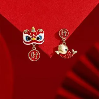Chinese Style Lucky Lion & Koi Fish Asymmetric Earrings, Red Enamel Alloy Dangle Earrings, New Year Wedding Gift, Good Fortune Jewelry