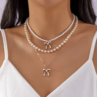Gold Bowknot Pearl Layered Necklace Set - 18K Gold Plated Alloy with Rhinestone Bow Charm & Imitation Pearls, Multi-Strand Adjustable Choker, Sweet French Style for Women, Bridesmaid & Gift