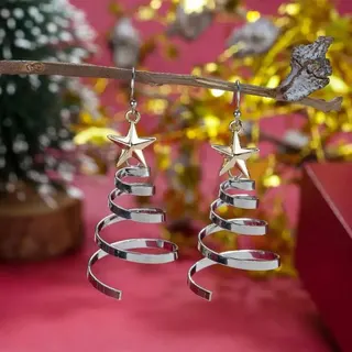 Christmas Tree Star Earrings, Silver Alloy Spiral Drop Earrings with Five-Point Star, Holiday Fashion Jewelry Gift for Women