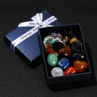 7-Color Natural Crystal Gemstone Gift Set - Polished Tumbled Stones, Hexagonal Twin Point & Moon Ornament, Healing Energy Stone Box for Women, Meditation & Birthday Gift