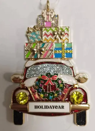 Christmas Car Gift Box Ornament, Alloy Enamel & Rhinestone Vintage Holiday Tree Hanger, Festive Gift Box Decoration Charm, 1pc