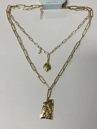 Double Layer Gold Necklace for Women, 18K Gold Plated Alloy Long Chain with Textured Pendant & Pearl Accent, Vintage Statement Collarbone Chain