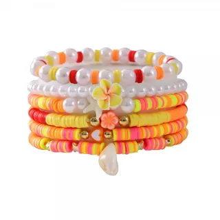 Flower & Shell Beaded Bracelet Set - Macaron Color Soft Clay Multi-Strand Stackable Bracelet with Turtle, Plumeria & Pearl Accents, Sweet Ocean Vacation Style, 17.5cm
