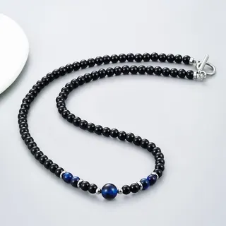 Men's Tiger Eye Stone Necklace, Blue & Black 6mm Polled Bead Chain with Stainless Steel OT Clasp, 56cm Minimalist Jewelry Gift