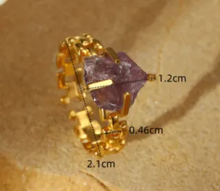 Natural Stone Open Ring Purple Amethyst Copper 18K Gold Plated Adjustable Vintage Irregular Gemstone Ring for Women