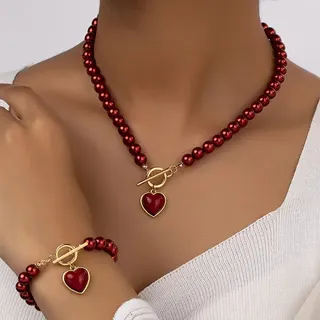 Pearl Bead Necklace & Bracelet Set with Heart Pendant and Toggle Clasp, Alloy Silver Plated, Elegant French Style Jewelry Gift Set for Women