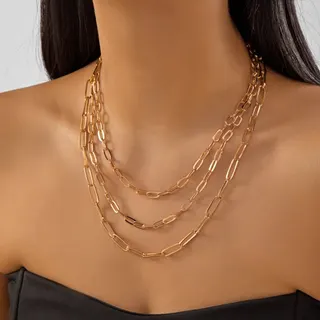 Gold 3-Layer Chain Necklace for Women, 18K Gold Plated Iron Geometric Paperclip Link Layered Collar Necklace, Minimalist Luxury Choker, 40+7cm