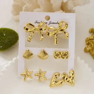 Gold Bow Shell Heart Starfish Earrings Set - 18K Gold Plated CCB Stud Earrings, French Vintage Sweet Jewelry Gift Box, Multiple Pairs Assorted