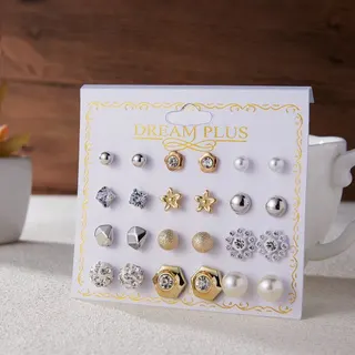 12 Pairs Fashion Jewelry Earrings Set - Flower Round Ball Zircon Pearl Stud Earrings, Gold & Silver Plated Alloy, Micro-Paved Rhinestone, Bridal Party Gift Card Pack