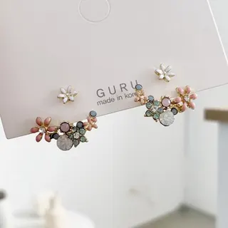 Flower Dangle Earrings for Women, Enamel Rhinestone Drop Earrings with Back Drape, Korean Style Floral Stud Earrings, Gold Alloy Pink Green White, 3x2cm, Pair